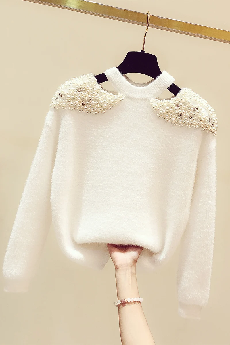 

Thickened Sweater Fashion Beads Halter Off-the-Shoulder Sweaters for Women 2020 Autumn Winter New Plush Mink Fur Woolen Knit Top