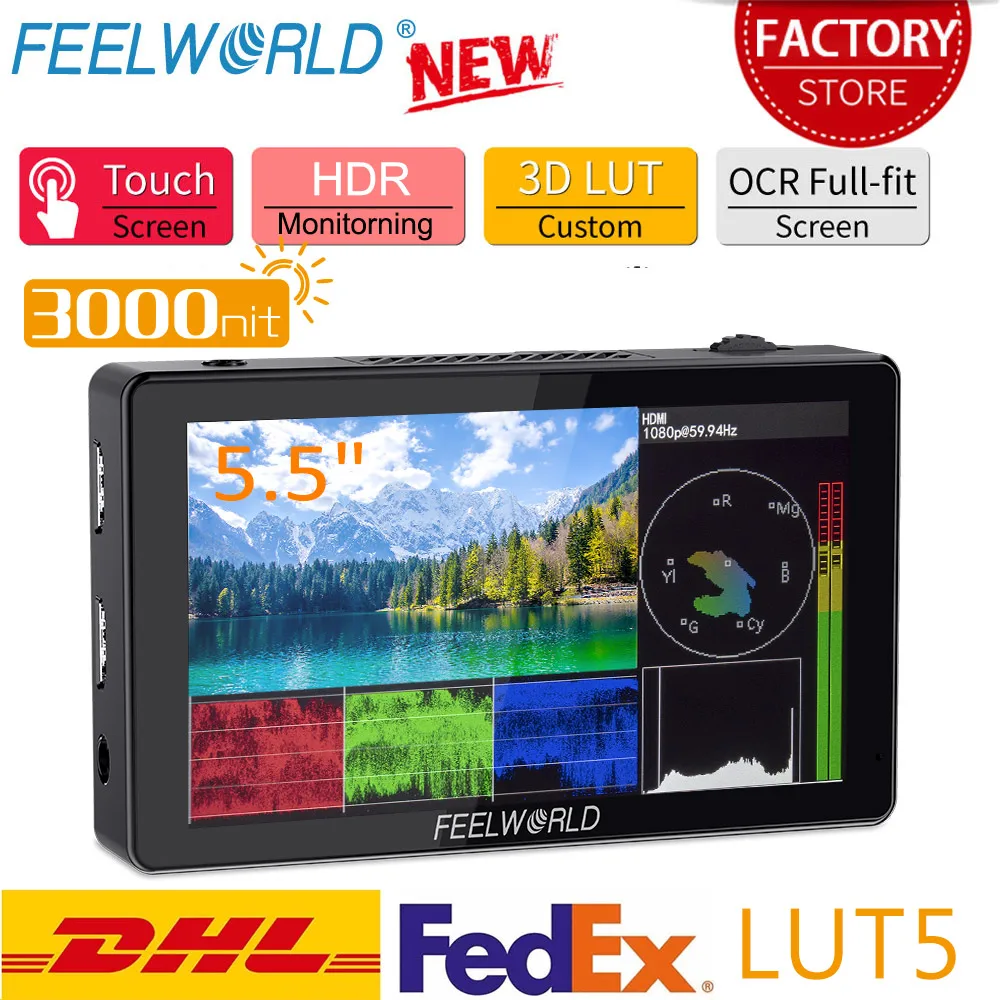 

FEELWORLD LUT5 5.5 Inch Ultra High Bright 3000nit 4K HDMI Input Output Touch Screen DSLR Camera Field Monitor With Instal Kit