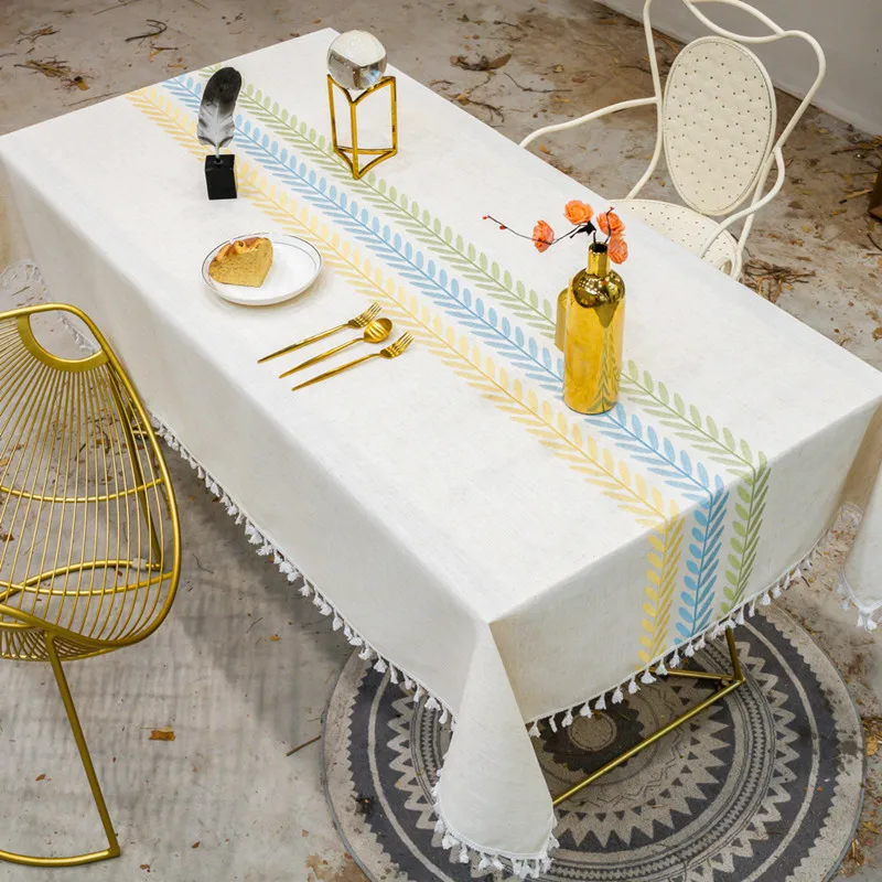 Вышивка листьями декоративная льняная скатерть с кисточкой Водонепроницаемая