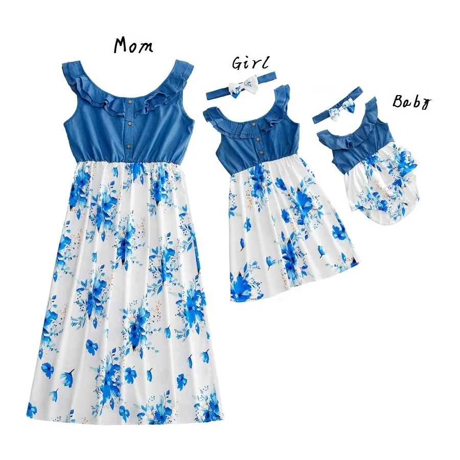 

Ruffled Neck Mother Daughter Matching Dresses Family Set Flower Mom Baby Mommy and Me Clothes Fashion Women Girls Cotton Dress