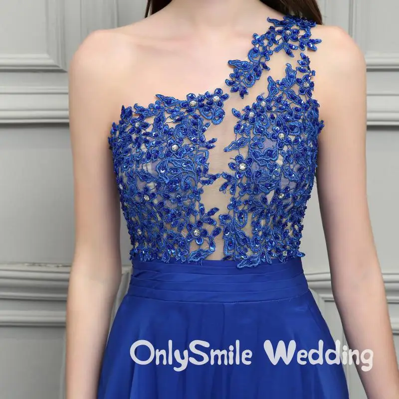 Ярко-синий шифон Длинные Выпускные платья 2019 одно плечо Кружева бисером