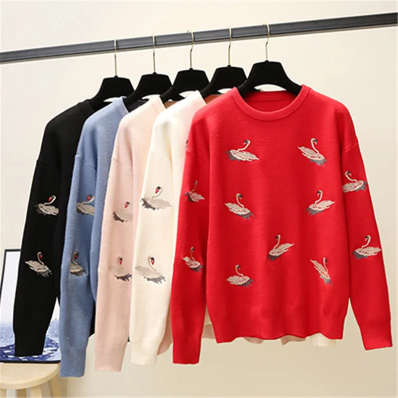 Вышивка гусиный логотип о-образный вырез свободный длинный рукав Модный зимний