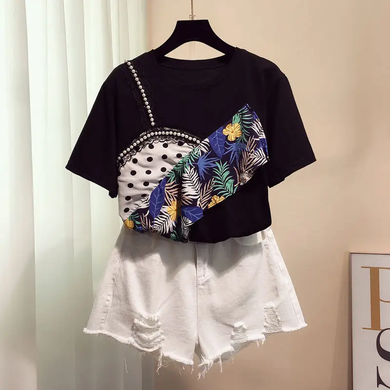 Женская футболка с коротким рукавом летняя свободная составного кроя оборками и
