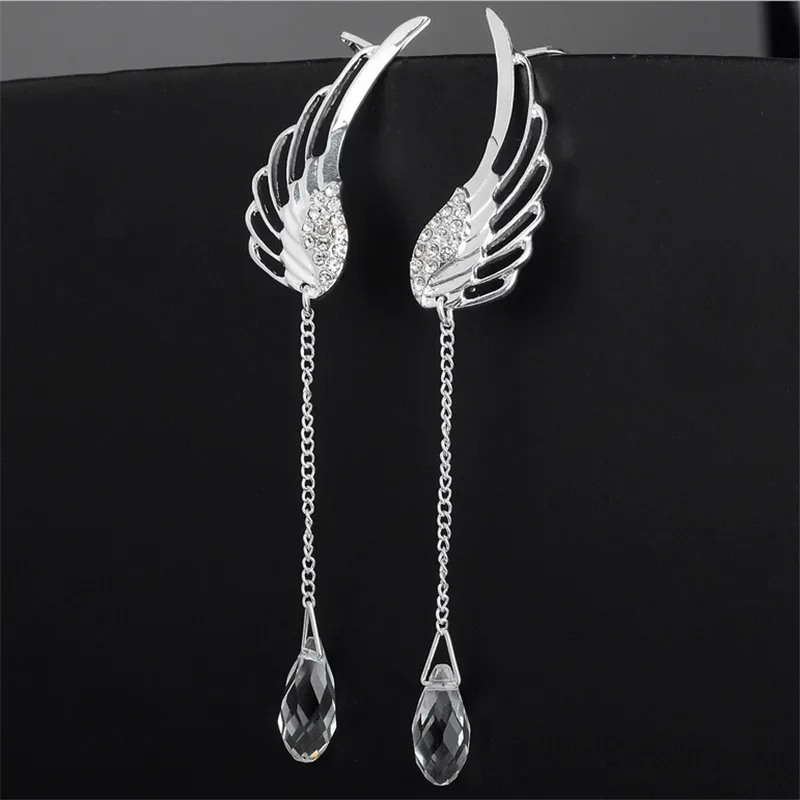 

2021 New Silver Plated Angel Wing Stylist Crystal Earrings Drop Dangle Ear Stud For Women Long Cuff Earring Bohemia Jewelrys
