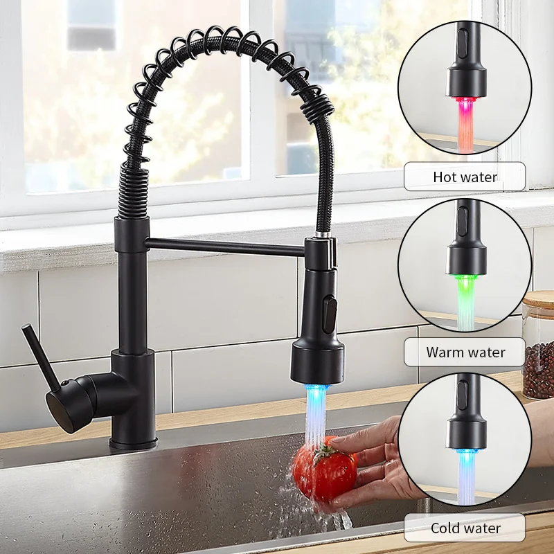 

Kitchen Faucets Black for Kitchen Sink Single Lever Pull Out Spring Spout Mixers Tap Hot Cold Water Crane 9005R-LED