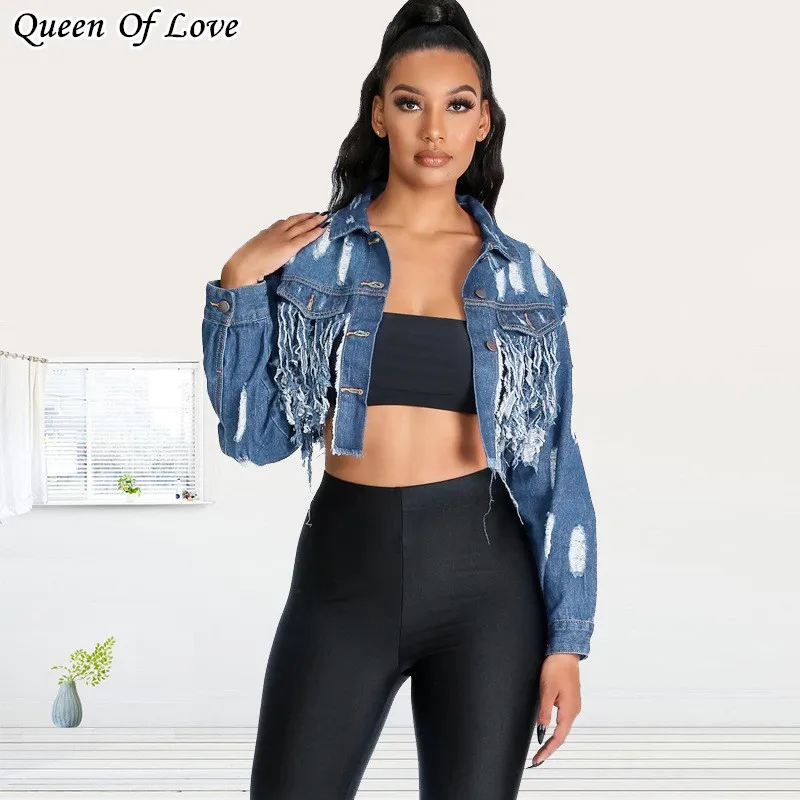 2020 New street Style Tassel Ripped Cropped Jean Jacket Sexy Backless Short Denim Coat Female Outwear Plus Size 5XL | Женская одежда