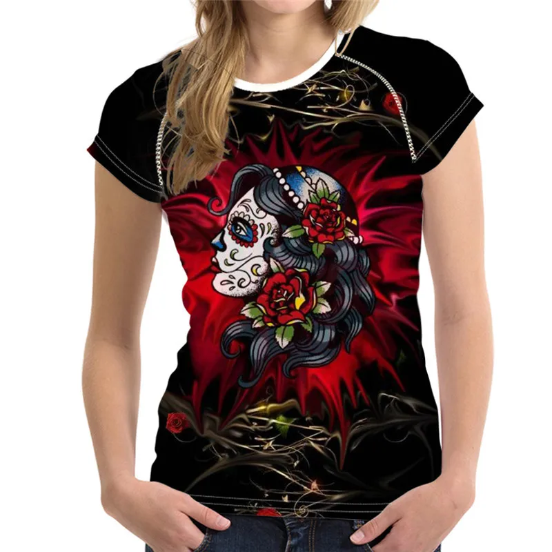 

FORUDESIGNS Lady Short-sleeved Tops 3D Sugar Skull Printed Fashion O-neck Slim Elastic Fit T-shirts Women's Clothing Summer 2021
