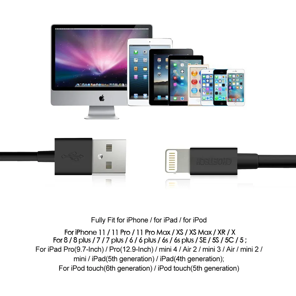 CHOETECH MFi, кабель USB для iPhone X Xs Max XR 2.4A Быстрая зарядка Lightning USB зарядное устройство для iPhone 6 7 8Plus Кабель UCB шнур