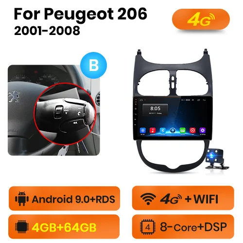 4G-WIFI 4GB-64GB -B AWESAFE для peugeot 206 2001 2002 2003 2004-2008 Автомобиль Радио Мультимедийный видеоплеер gps без 2din 2 din Android 8,1 2 ГБ+ 32 ГБ - Цвет: 4G-WIFI 4GB-64GB -B