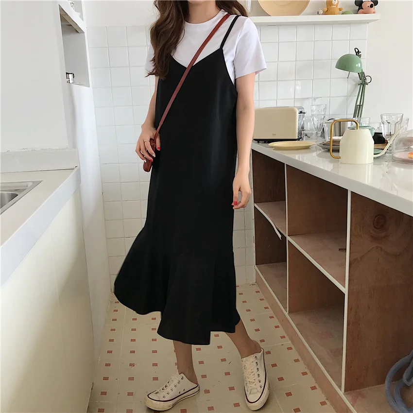 

2021 Women Summer Thin V-neck Trumpet Mermaid Spaghetti Strap Dress Sundress Preppy Style Casual Sleeveless Dress Black