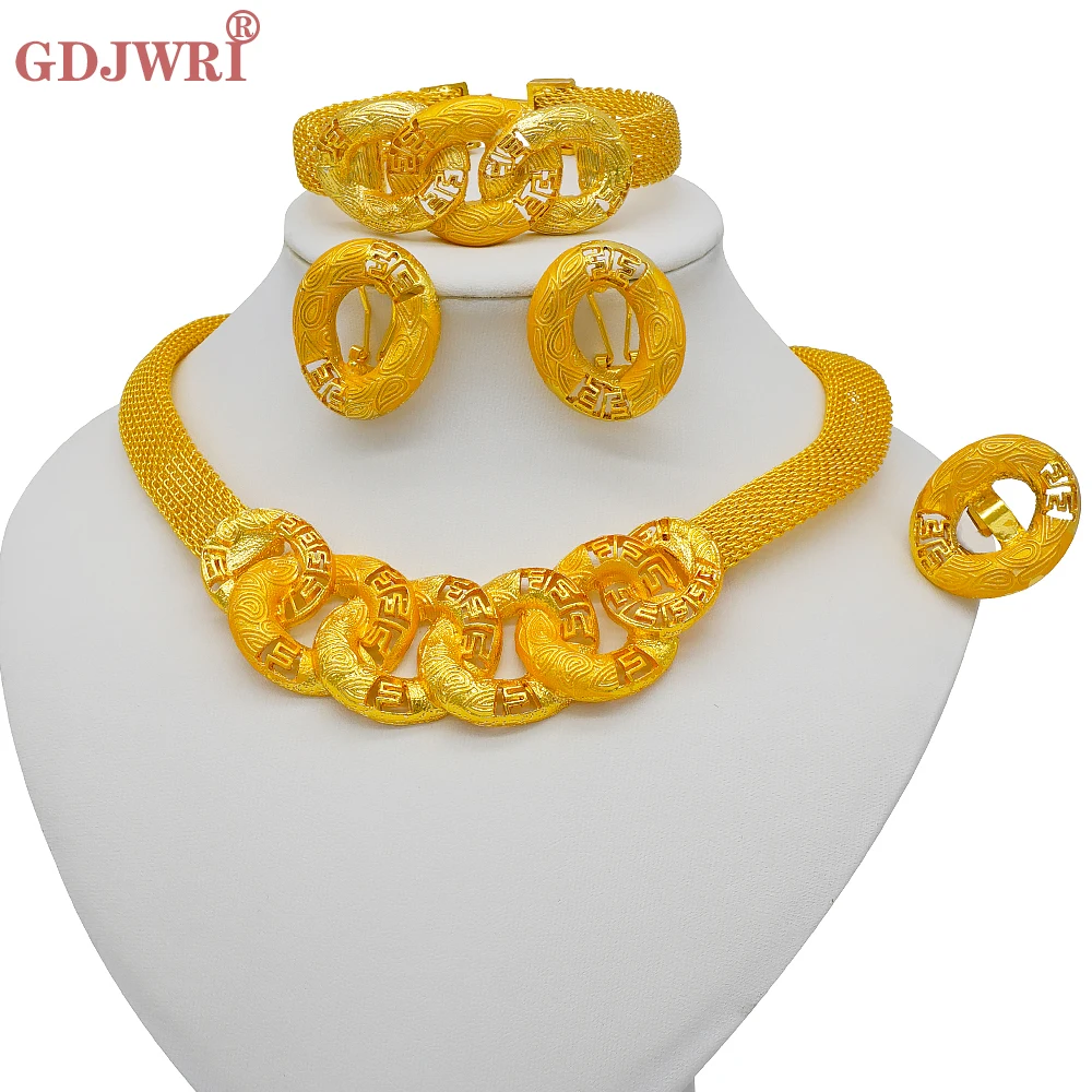 Conjuntos de joyería de Color dorado de 24K para mujer  collar de lujo  pendientes  pulsera  anillo