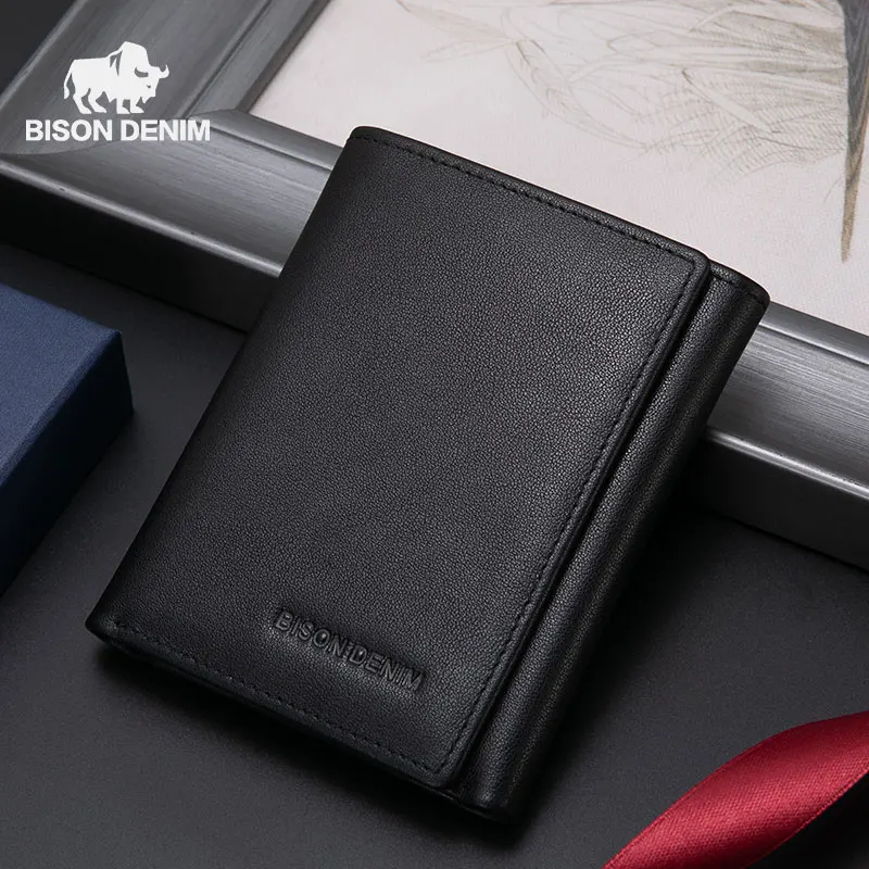 

BISON DENIM 100% genuine leather short wallet men Rfid Multi-functional Black Male Purse Credit Card Holders W4522-2B