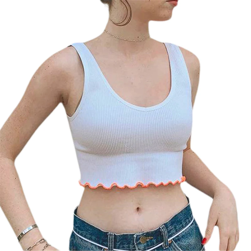 

Women's Summer Casual Fitness Short Vest Rib Knit Tank Tops Sexy V Neck Sleeveless Color Block Lettuce Trim Crop Tops