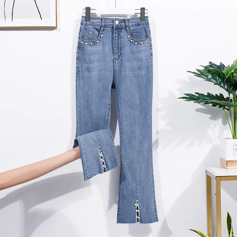 

Женские джинсы с разрезом, Стрейчевые повседневные брюки-клеш с прострочкой, бусинами и бахромой, 4XL, корейские Модные расклешенные брюки на...