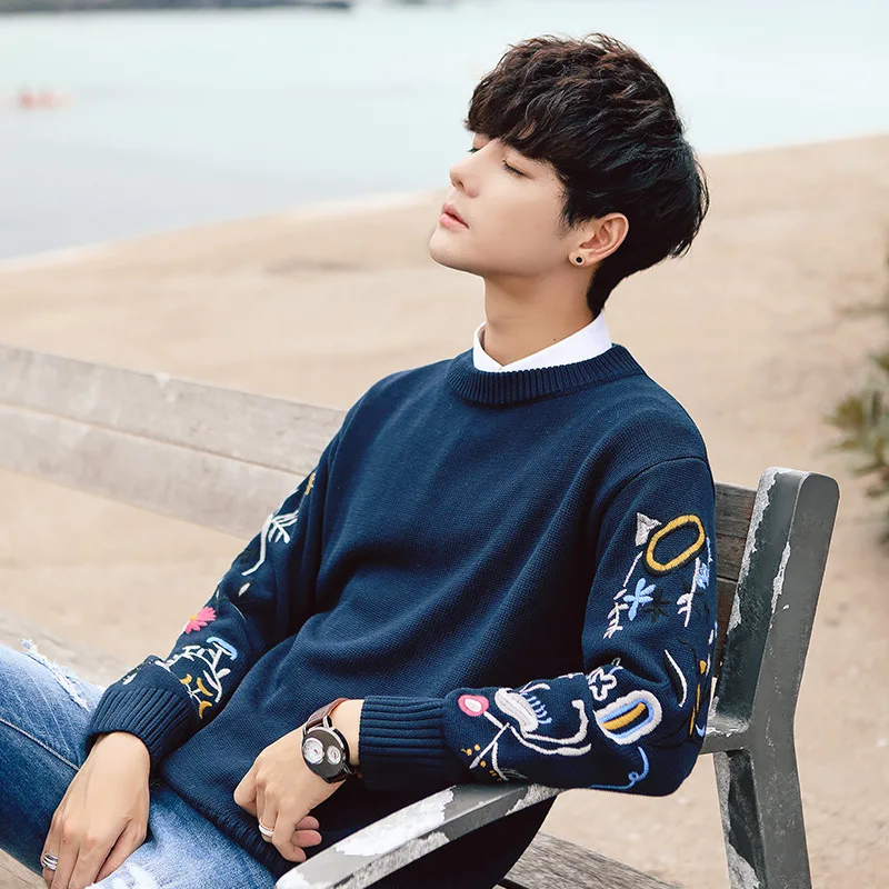 Новинка 2019 осенне зимний брендовый мужской свитер с вышивкой мужские вязаные