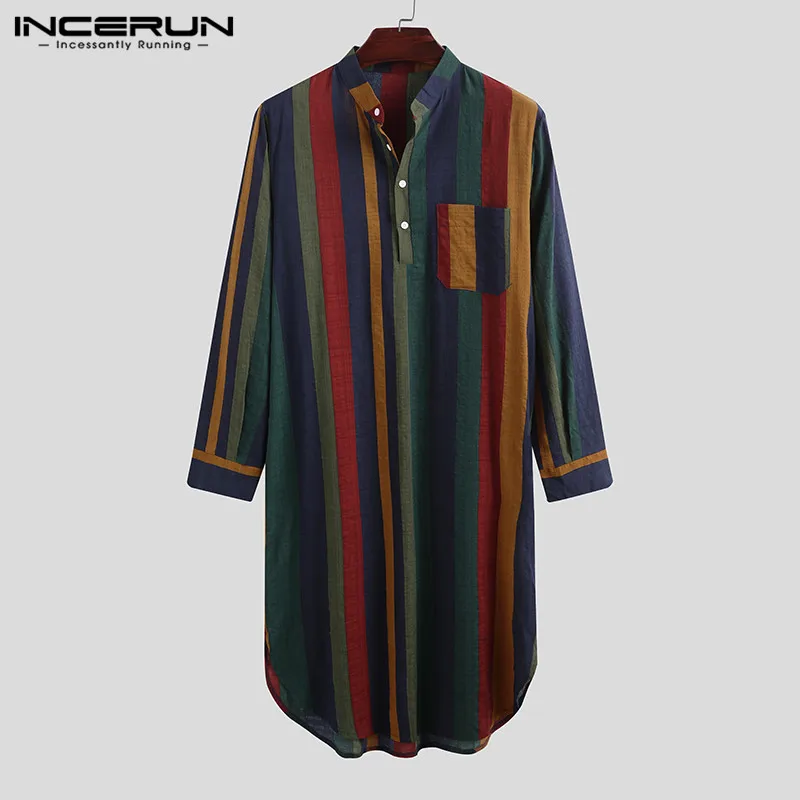 

INCERUN Vintage Striped Sleep Robes Stand Collar Buttons Nightgown Man Loose Cotton Bathrobes Men Fashion Long Sleeve Sleepwear7