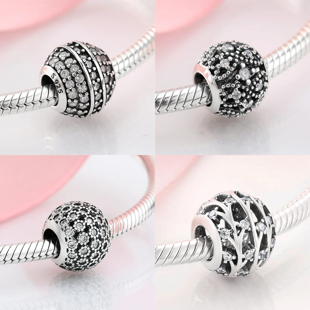 

Spherical hollow out close set zircon floret beads DIY silver accessories S925 pure silver beads