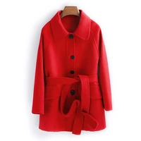 black short wool coats turn down collar single breasted long sleeves sashes overcoats slim office lady red elegant winter jacket