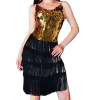 new sleeveless black fringes women dresses sparkly gold sequin short dresses evening prom outfit singer dancer stage wear