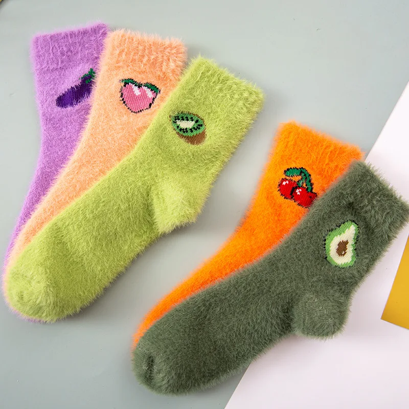 

1 Pairs Women Thermal Fluffy Socks Autumn-Winter New Year Socks Girls And Women's New Fashion Warm Avocado Cherry Eggplant Socks