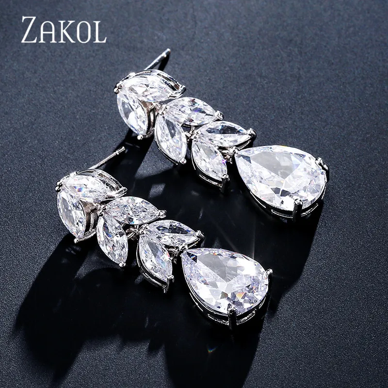 ZAKOL Модные женские висячие серьги с фианитами в виде листьев для женщин блестящие