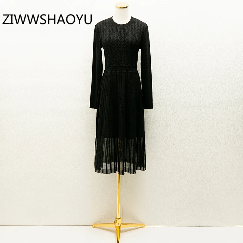 

Осеннее черное вязаное платье ZIWWSHAOYU с длинным рукавом, Подиумные дизайнерские женские сетчатые блестящие Повседневные платья миди с высок...