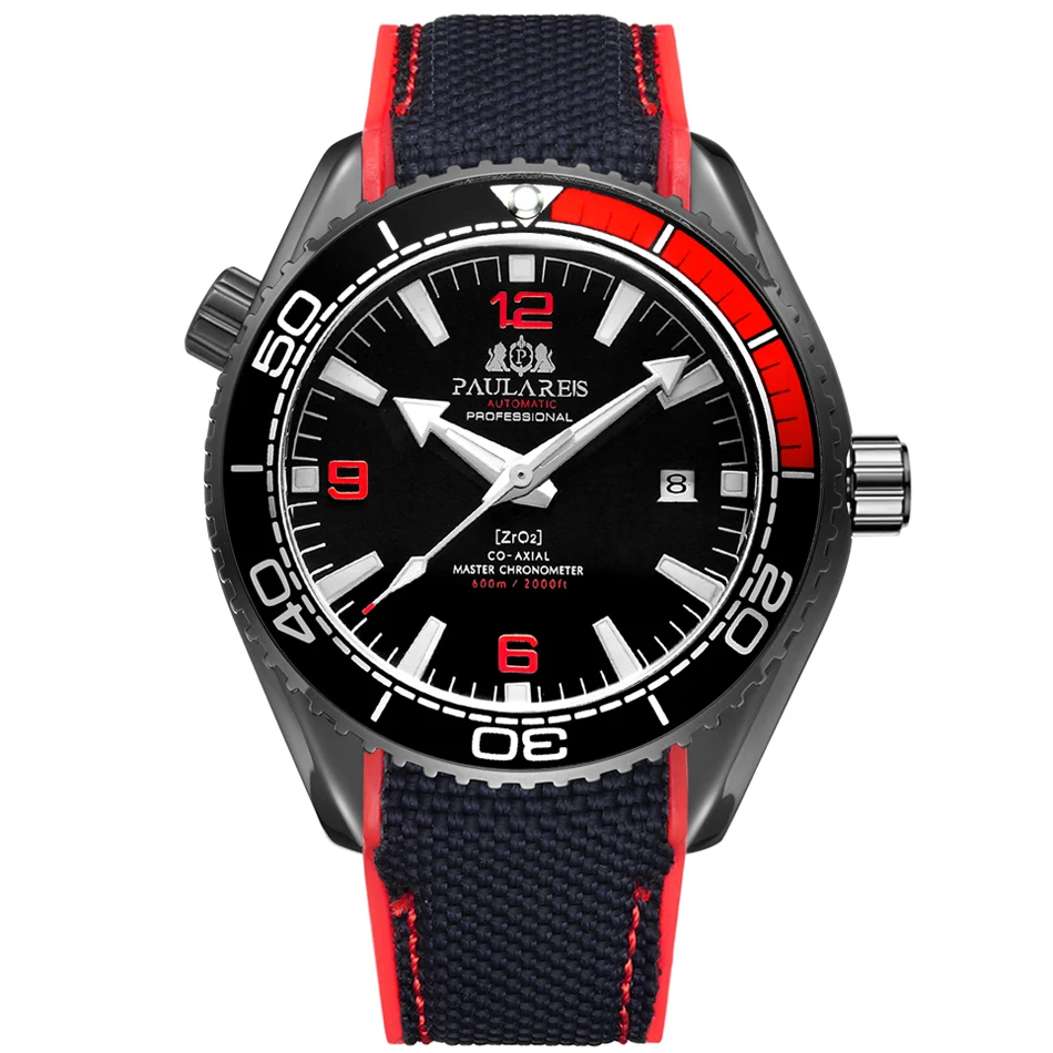 Black Red Black Мужские автоматические механические холщовые часы с резиновым ремешком James Bond 007, стильные оранжевые, синие, красные классические часы с вращающейся рамкой - Цвет: Black Red Black