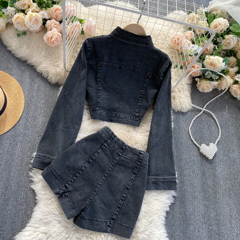 

locomotive 2021 Spring Autumn Hip-hop Denim Suit street long sleeve coat + shorts two-piece Sets