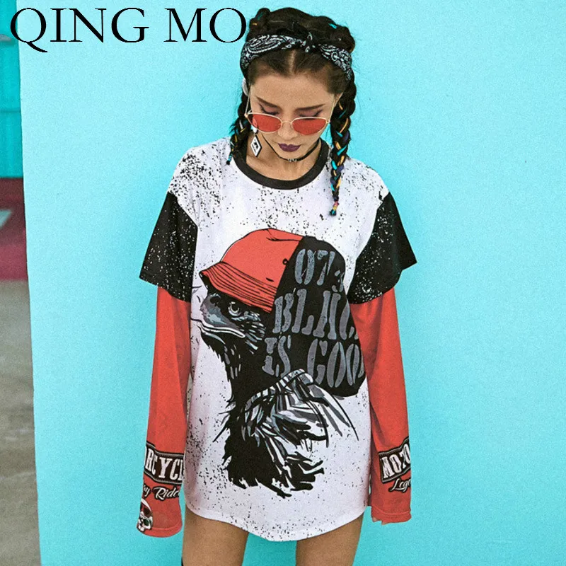 Женская свободная футболка QING MO Винтажная Футболка составного кроя с принтом