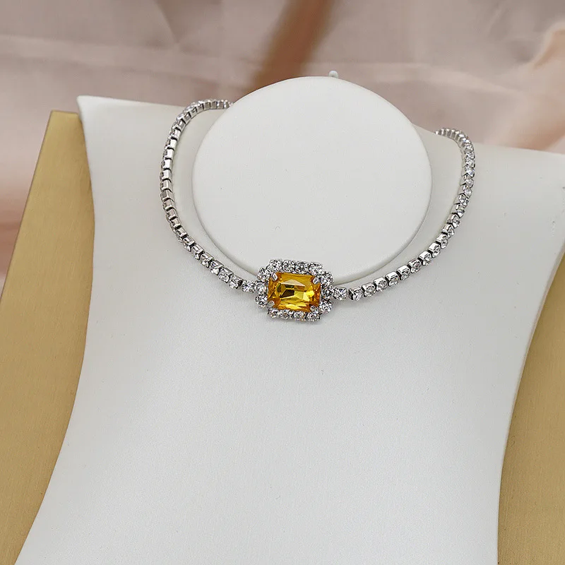 

Choker Clavicle Chain Tennis Necklace with the Crystal Stone Pink/Yellow Rhinestone Choker for Women Girl Valentine's Day Choker
