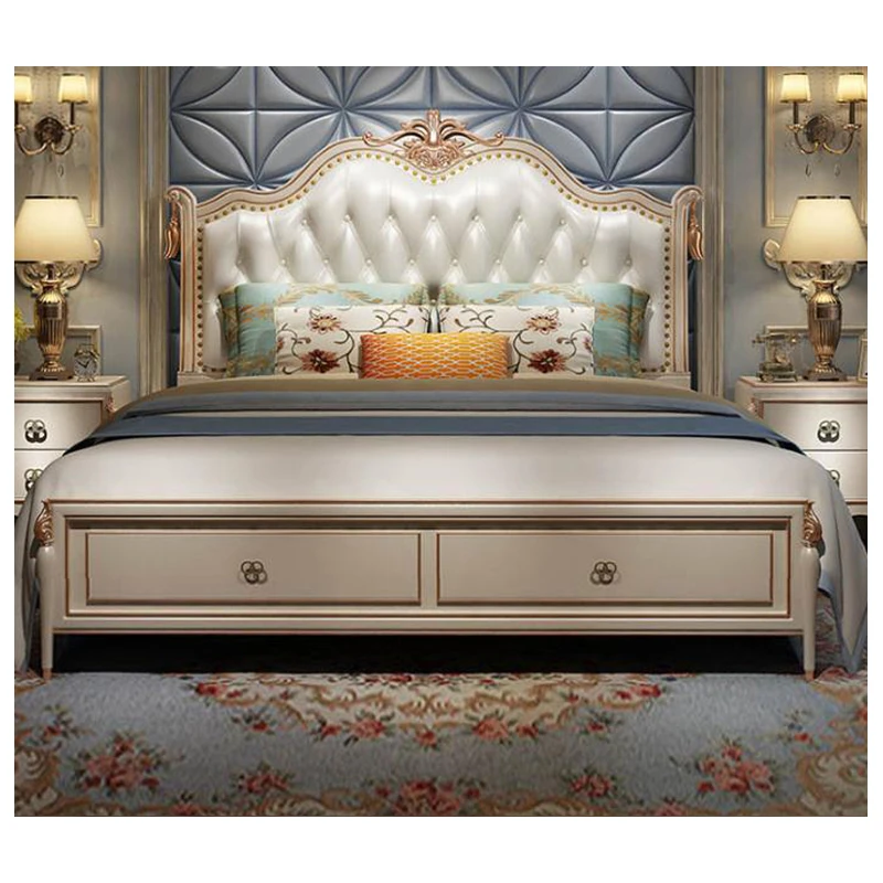 Современная Европейская кровать из твердой древесины 2 человека модная резная