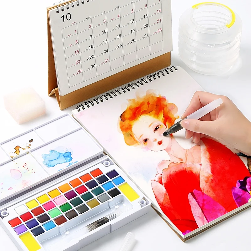 

36 Color Solid Pigment Portable Watercolor Paint Set with Brush Pen for Student Painting Art Supplies