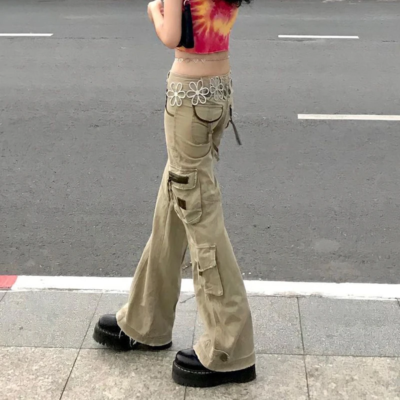 Брюки-карго Женские винтажные составного кроя с карманами и низкой посадкой |