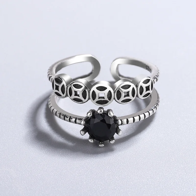 

VENTFILLE 925 Sterling Silver Retro Black Zircon Double Layer Lucky Open Ring For Women Thai Silver 2021 New Dropshipping