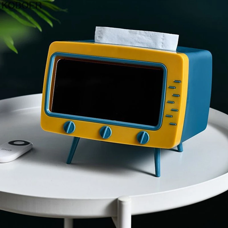 

Creative 2 In 1 TV Tissue Box Desktop Paper Holder Dispenser Storage Napkin Case Organizer with Mobile Phone Holder
