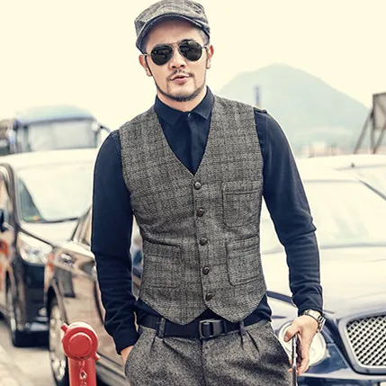 Для мужчин осень зима новый ретро тонкий Повседневное решетки костюм жилет