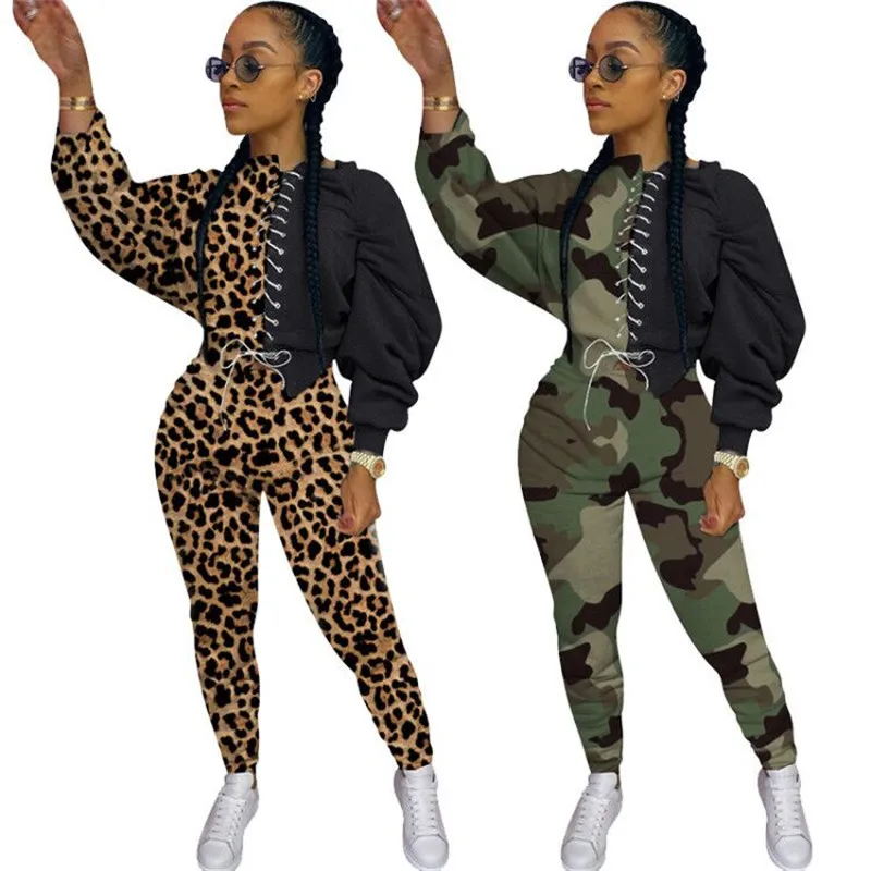 

Casual Two Piece Set Autumn Clothes for Women Leopard Plaid Printed Spliced Long Sleeve Sweatshirt Top+Sporty Jogger Trousers