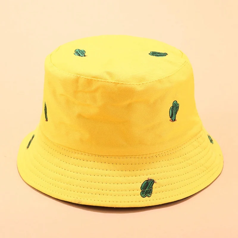 Yellow Cactus SMILE Bucket Hat Double Sided Bucket Hat Smiling face Unisex Fashion Bob Cap Hip Hop Gorro Men Summer Cap - Color: Yellow Cactus