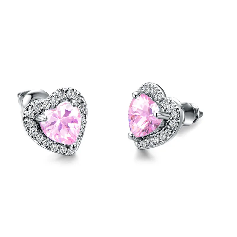 Pink Роскошные женские черные/зеленые/красные/белые серьги-гвоздики Мода 925 серебряные маленькие серьги в форме сердца для женщин винтажные Свадебные украшения - Окраска металла: Pink