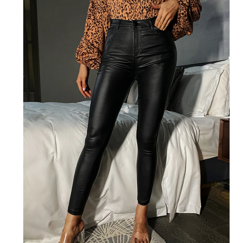 

Women Skinny Leather Trousers High Waist Wrapped Slimming Side Pockets Solid Color Casual Party Fall Pants