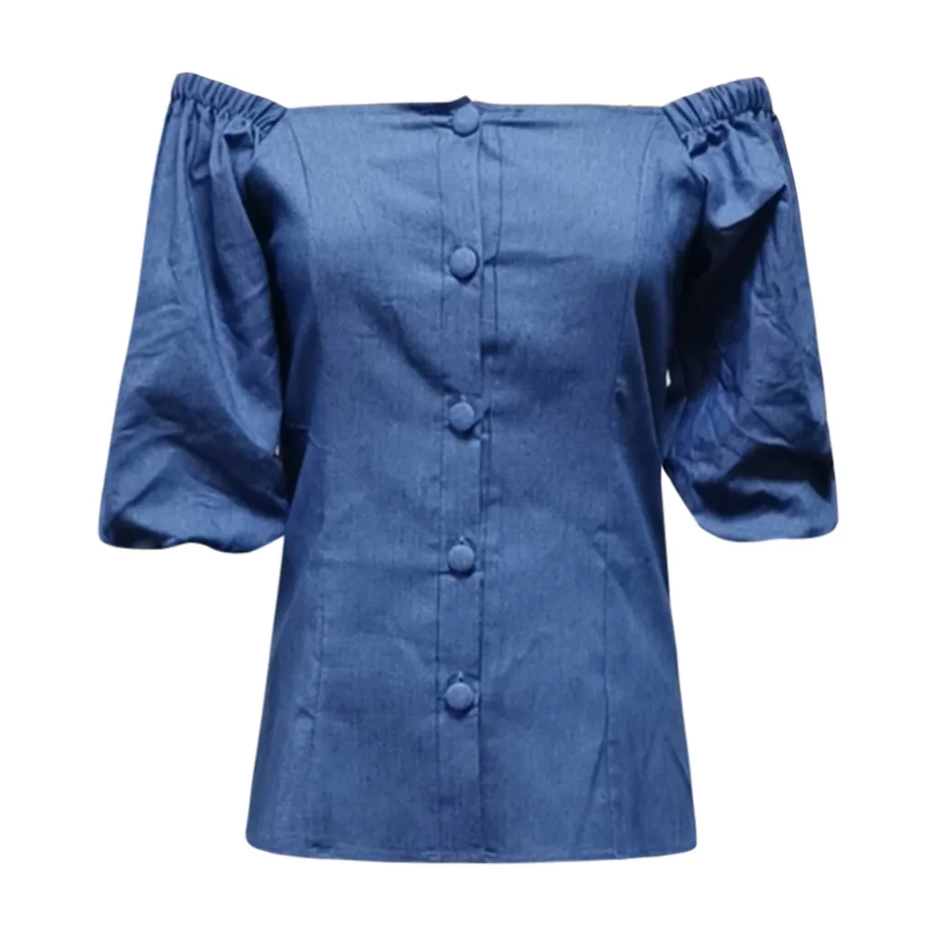 Сексуальная Блузка с длинным рукавом-фонариком Весенняя джинсовая рубашка без