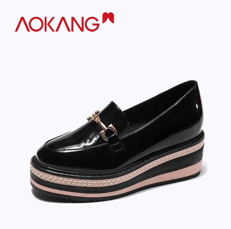 AOKANG/обувь; женские туфли-лодочки; лоферы на платформе; повседневная женская обувь на танкетке; Feminino Zapatillas; женские лоферы без застежки на высоком каблуке - Цвет: 196424060patent