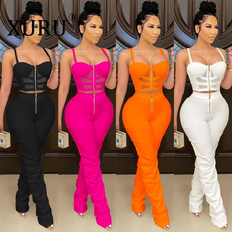 

XURU New Nightclub Jumpsuit Solid Color Sexy Women's Suspenders, Chest-wrapped Zipper Women's Two-piece Suit