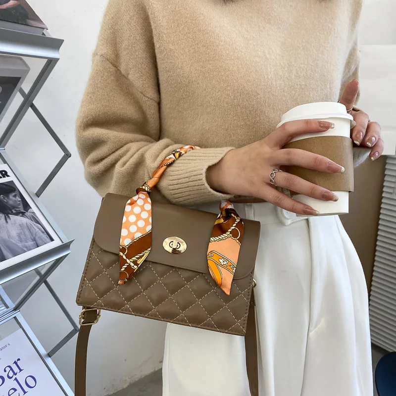 

2021 Women Lattice Crossbody Bag Silk Scarf Handle Ladies Casual PU Leather Shoulder Bags Fashion Female Handbags Little Bag