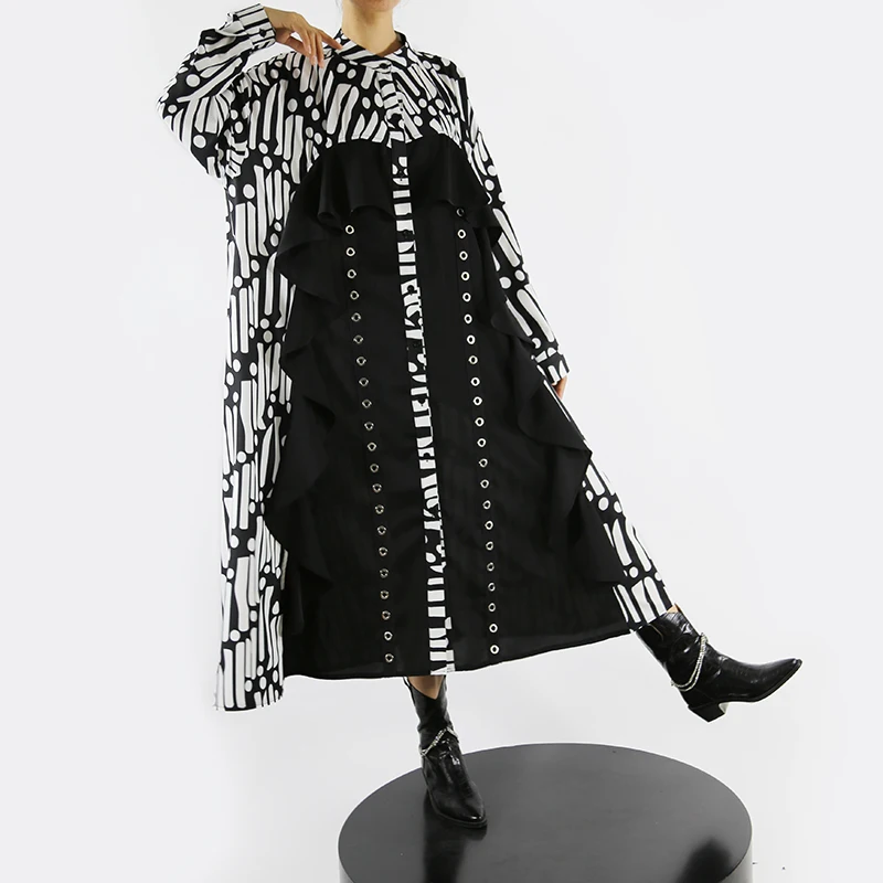 Женское платье-рубашка размера плюс с геометрическим принтом зимнее черное