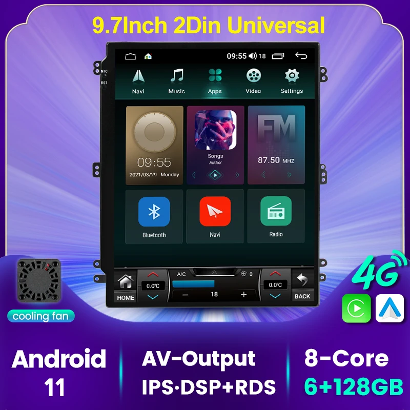 

Автомобильная Мультимедийная система RDS на Android 11, экран 9,7 дюйма, 6 ГБ + 128 ГБ, Восьмиядерный процессор, GPS, радио, стереопроигрыватель для унив...