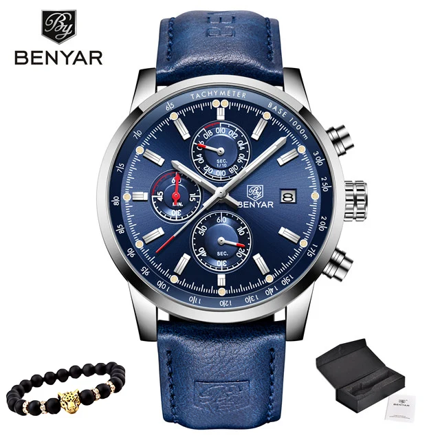 silver blue BENYAR новые часы мужские военные Роскошные Лидирующий бренд кварцевые Бизнес Мужские часы модные хронограф кожаные часы Relogio Masculino - Цвет: silver blue