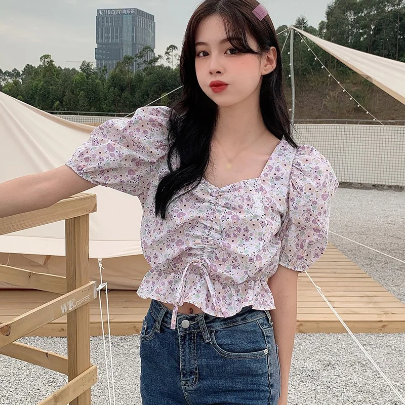 

Jlong Women Floral Print Chiffon Shirt Short Sleeve Short Blouses Top Female Sweet Pleated V-Neck Blouse