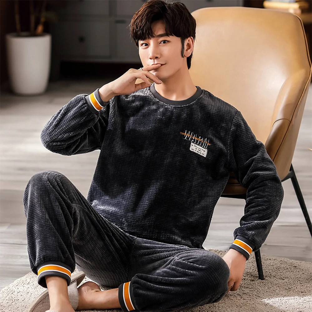 Soft Coral Fleece Pajama Sets For Men Warm Velvet Thick Sleepwear Suit Cozy Long Sleeve Pyjamas+Elastic Waist Pants With Pockets
