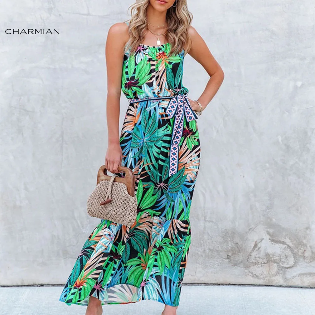 

Charmian Fashion Tropical Rainforest Print Spaghetti Straps High Waist Loose Camisole Summer Beach Vacation Cocktail Daily Dress